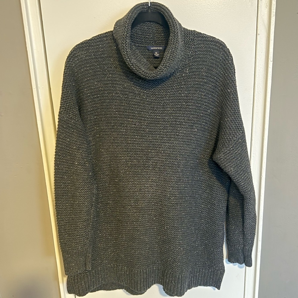 Lands’ End Chunky Knit Cowl Neck Sweater | Dark Charcoal | 1X (16W–18W)